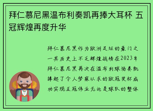 拜仁慕尼黑温布利奏凯再捧大耳杯 五冠辉煌再度升华