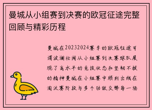 曼城从小组赛到决赛的欧冠征途完整回顾与精彩历程