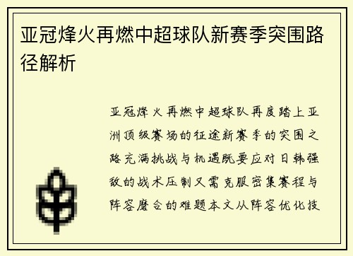 亚冠烽火再燃中超球队新赛季突围路径解析