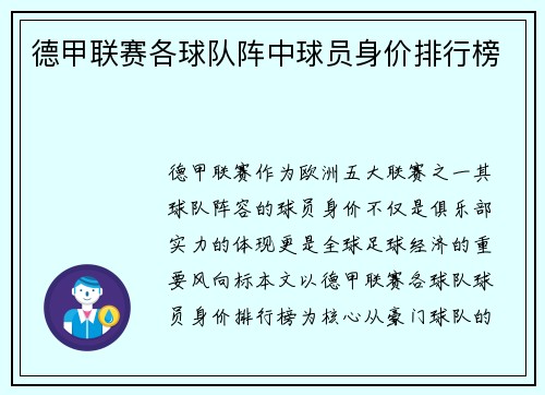 德甲联赛各球队阵中球员身价排行榜