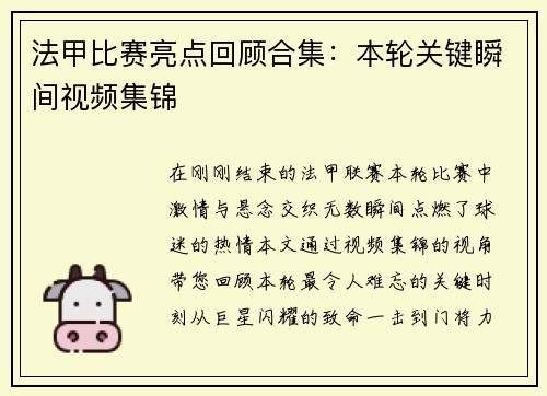 法甲比赛亮点回顾合集：本轮关键瞬间视频集锦