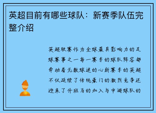 英超目前有哪些球队：新赛季队伍完整介绍